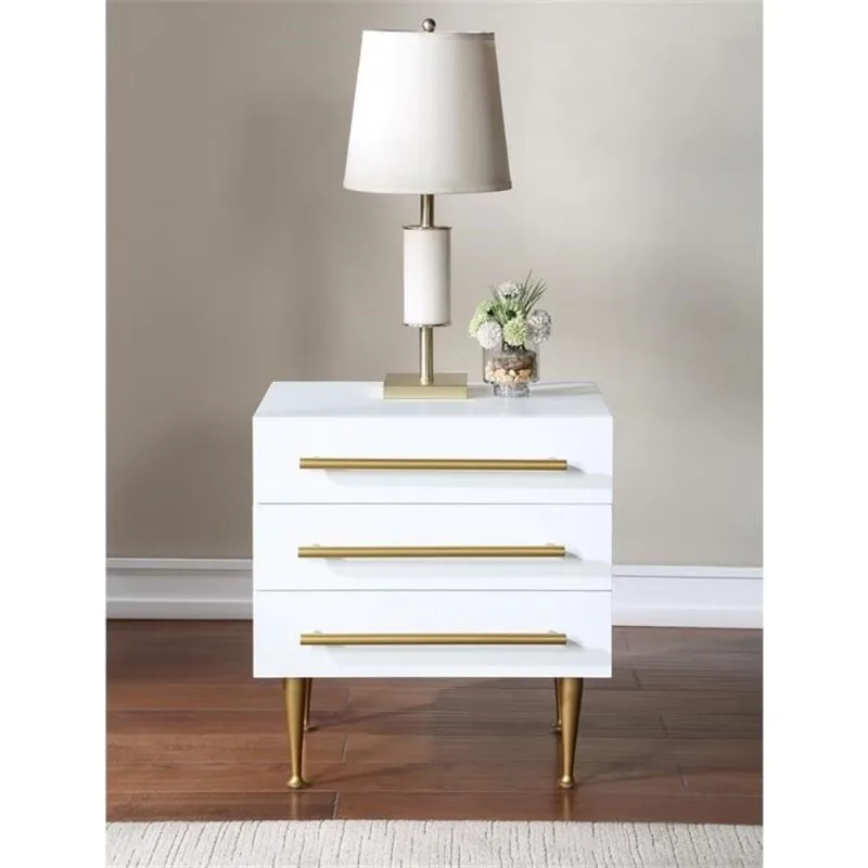 Modern Nightstand with Brushed Gold Metal Feet and Handles, Rich White Finish, 24-inch W x 18-inch D x 26-inch H