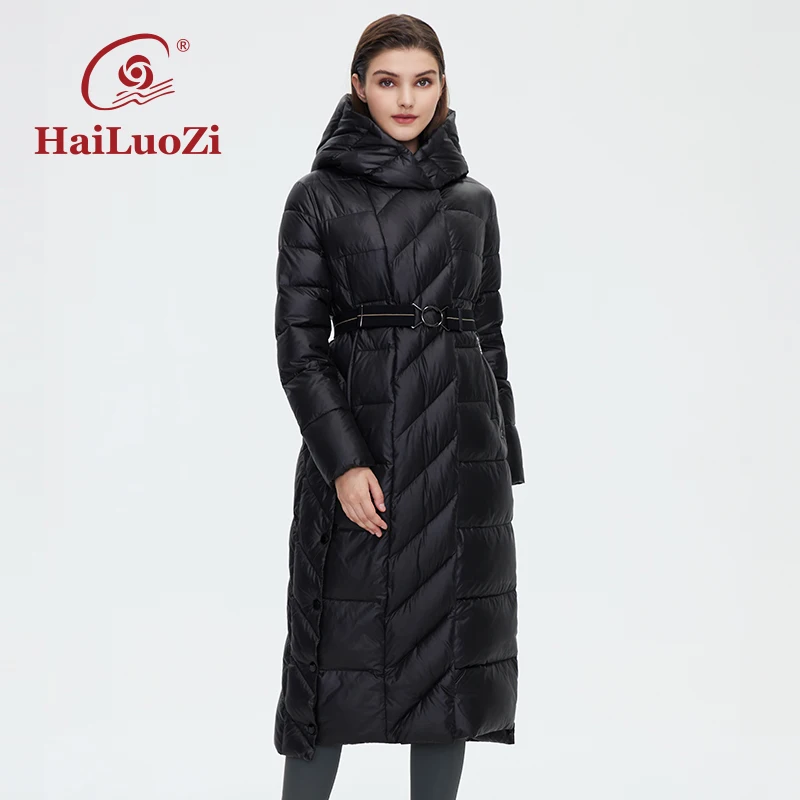 HaiLuoZi Women's Winter Jacket Fashion Long Knee Length Thick Women Coat Hooded Slim Splicing Diagonal Belt Cotten Parkas 6037