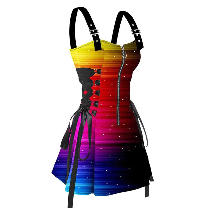 Dressfo Womens Lace Up Half Zipper Mini Dress Rainbow Glitter Print Buckle Strap Dress Sleeveless Dress Sundresses