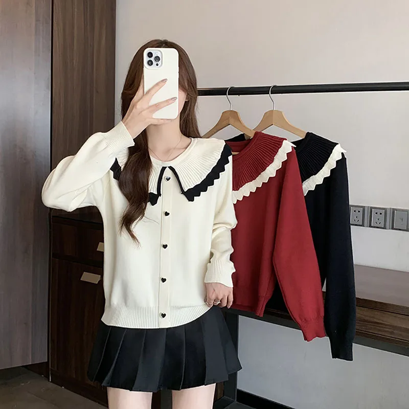 Cute Doll Collar Solid Color Pullover Simple Single Breasted Women 2024 Spring New Knitwear Korean Version Design Sense Sweater