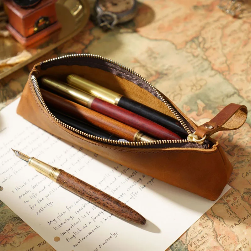 Fromthenon Crazy Horse Leather Zipper Pencil Case Vintage Handmade Pencil Bag Creative Fashion Stationery Retro Pen Storage Bag