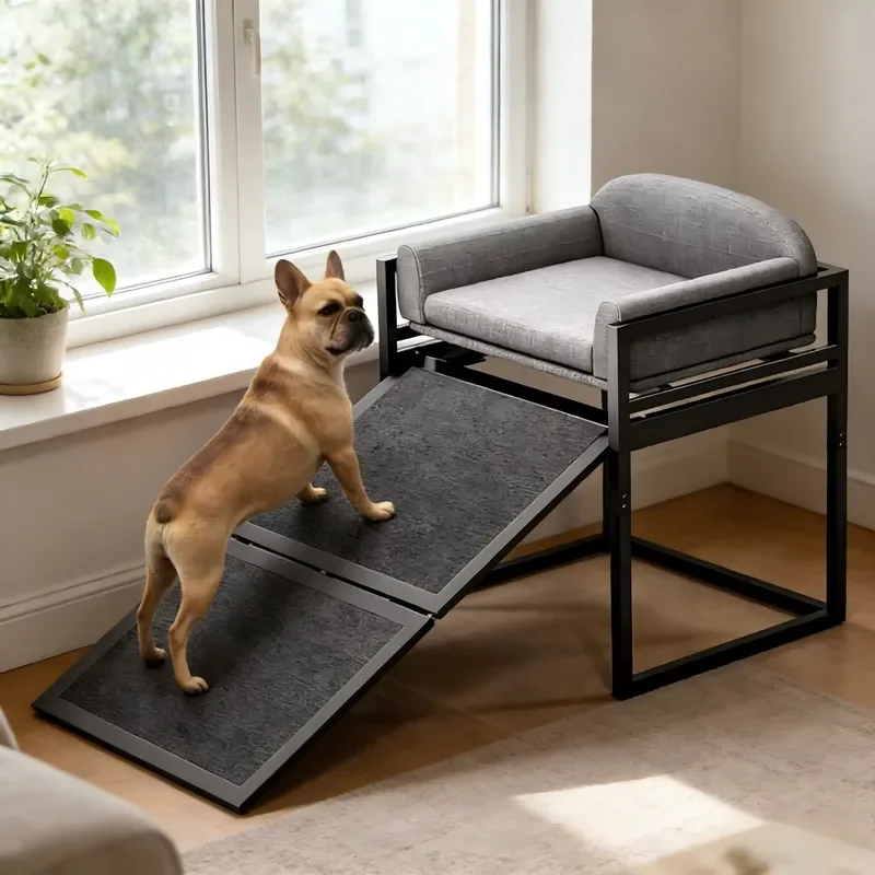 Modern Pet Staircase with Cushioned Seat Black Metal Frame Dog Ramp Sofa Bed Eco Friendly Kennel Steps for Bedroom Living