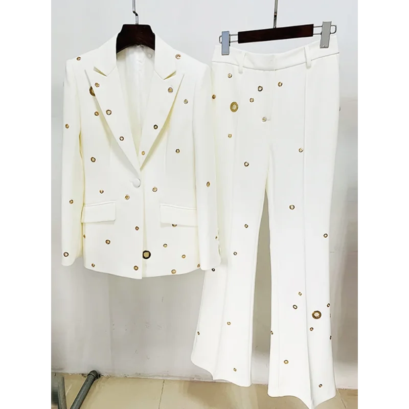 

Women's Pants Set Latest Designer Fashionable White Set Wedding Single Button Rivet Eye Flip Collar Suit Pants Set 2 Pieces