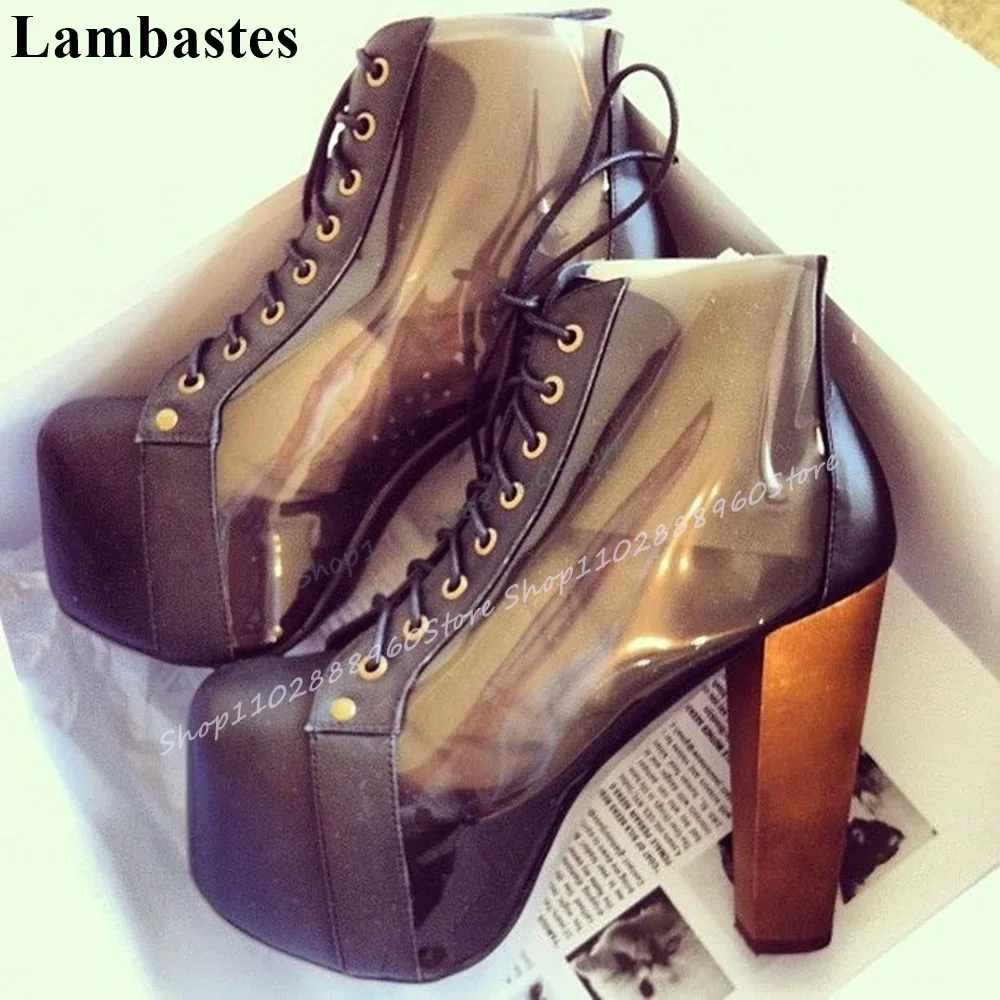 

Stylish Black Splicing Platform Pumps Chunky High Heel Shoes For Women Cross Tied Round Toe 2025 Fashionable Zapatillas Mujer