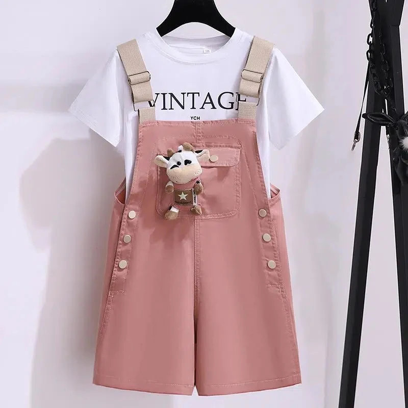 Cute Cow Doll Decoration Girls Overalls Summer New Solid Color Children\'s Bib Shorts Baby Girl Casual Loose Suspenders Shorts