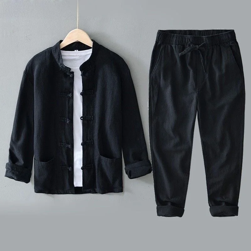 Tagkita Men's Cotton Linen Long Sleeve Shirt Button up Traditional Chinese Clothing Spring Summer Casual Wear Parent-Child