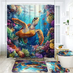 Ocean Underwater World Turtles Dolphin 3D Printing Waterproof Shower Curtain with Rug Toilet Cover Bath Mat Set Bathroom Decor