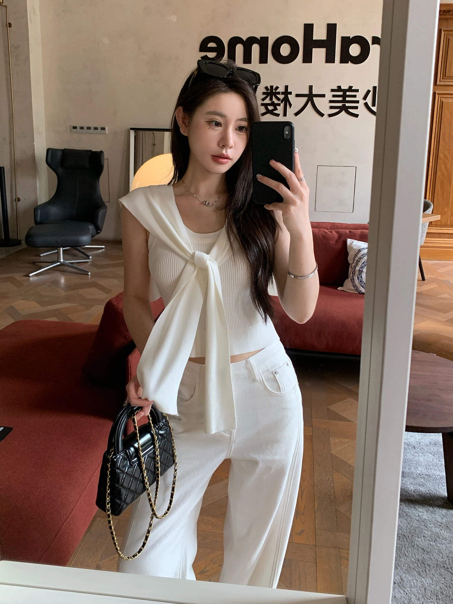 

Женский летний повседневный комплект из двух предметов: вязаный жилет и накидка на плечи, приталенный крой, модный дизайн