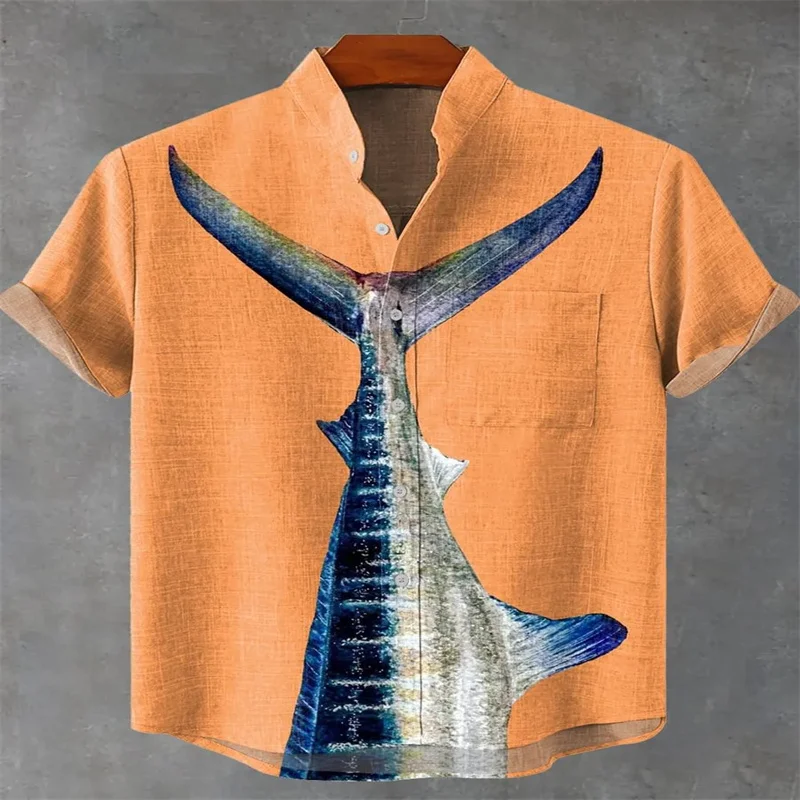 Men's Summer Red Fish Graphic Print Short Sleeve Shirt Casual Stand Collar Button Up Blouse