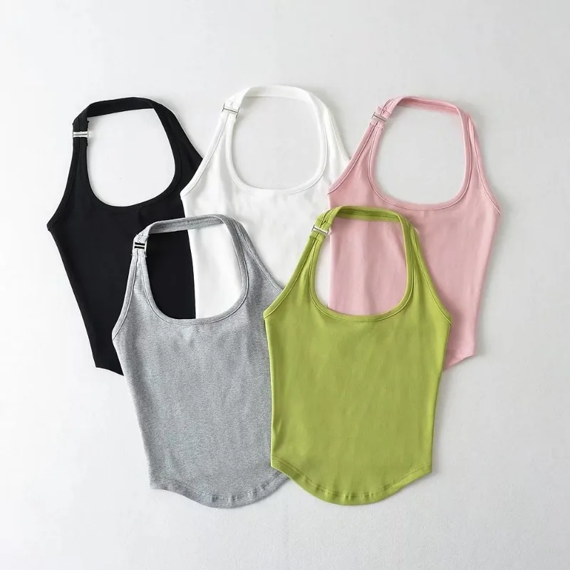 

Casual Fashion 2024 Summer Camisole U Neck Slim Solid Color Button Neck Curved Hem Small Tank Top Ladies Sleeveless T-shirt