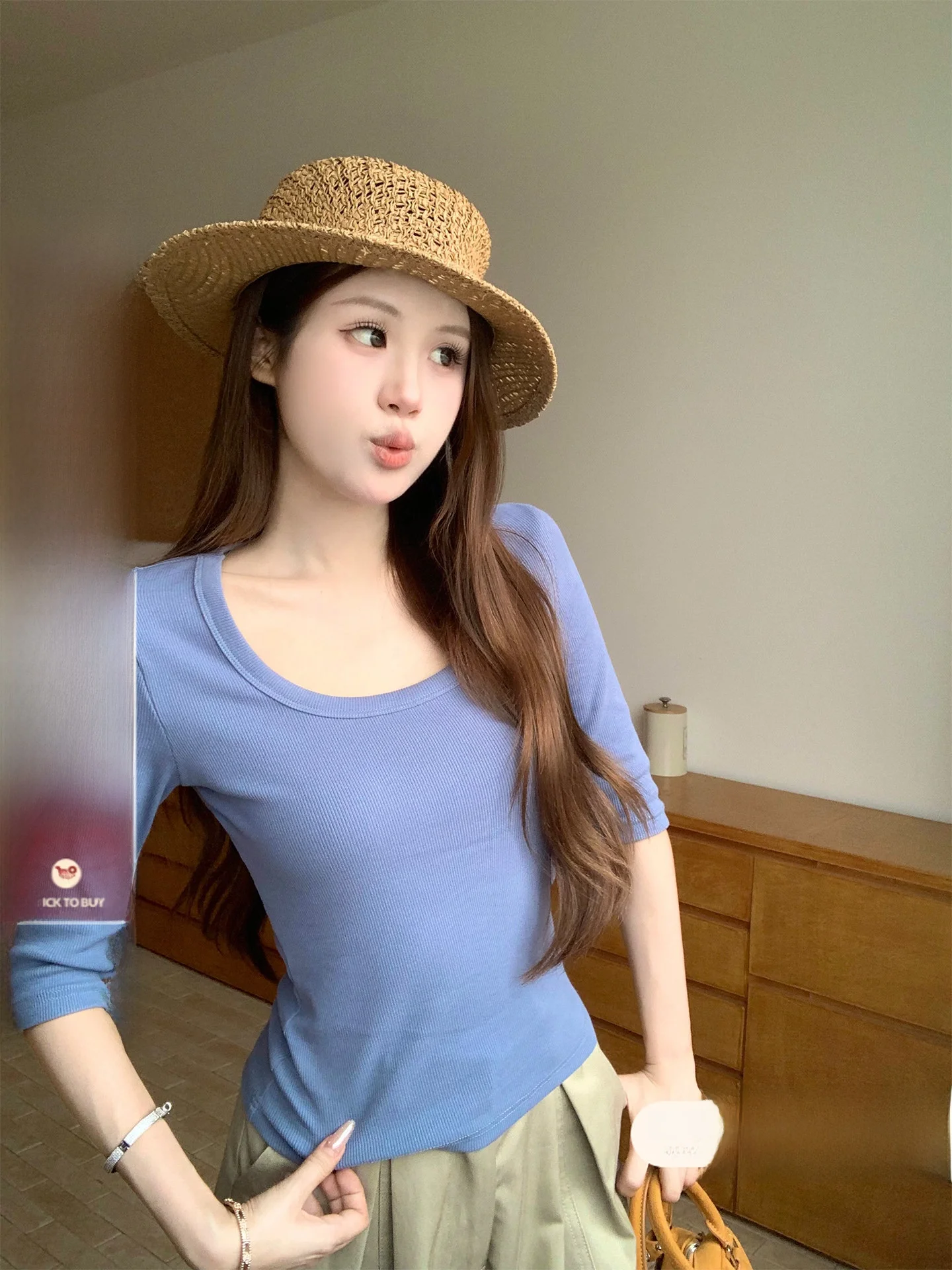 Song Zhengen Denim Blue U-neck Mid-sleeve T-shirt Women's Autumn High Intelligence Sensation Correct Shoulder Slimming Beauti...
