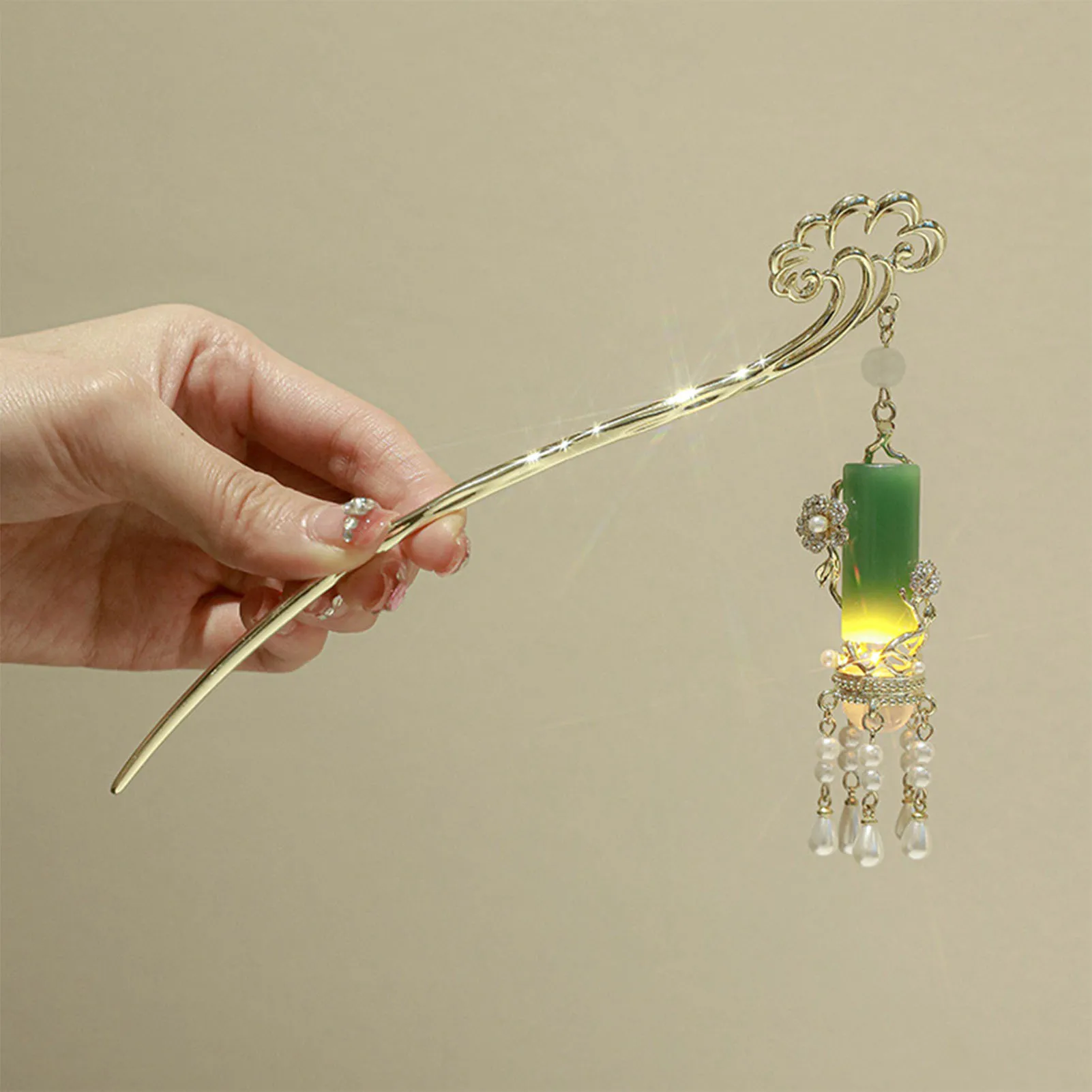 Chinese Style Hairpin Handmade Luminous Lantern Shape Hair Stick Women Classical Metal Tassel Chopsticks Hair Clip Headpieces