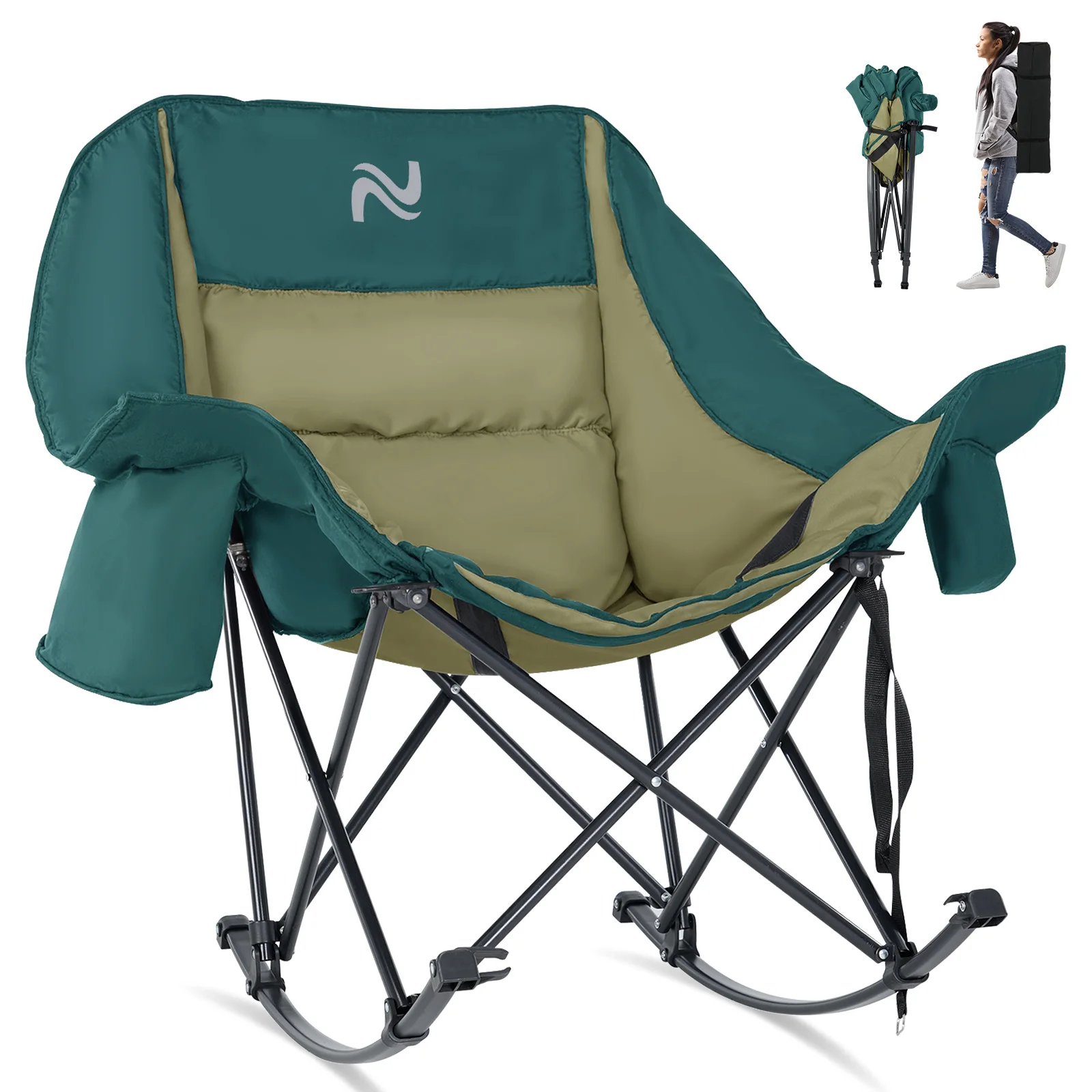 Oversized Rocking Camping Chair, Fully Padded Patio Chair with Cooler Bag and Side Pocket, Patio, Supports 400 lbs