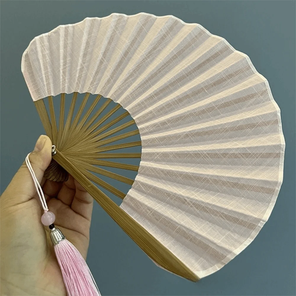 Cotton Linen Cloth Folding Hand Fan Solid Color Bamboo Frame Mini Shell Fan Shell-Shaped with Tassel Retro Handheld Fan