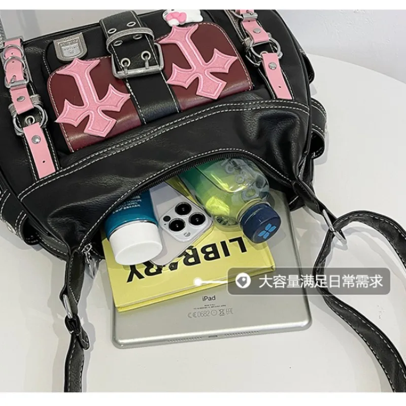 Kawaii Sanrio Gothic Punk Vintage Pink Shoulder Bag Hello Kitty Cross Chains Crossbody Bags Hot Girl Handbag Y2k Trend Tote Bag