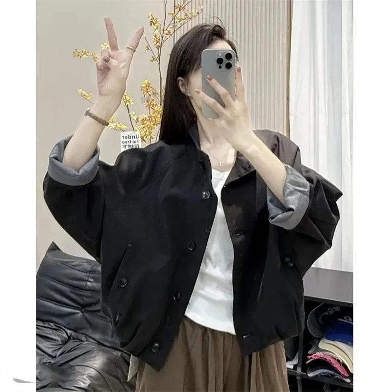 Korean Women Casual Color Blocking Coat Female Fashion Stand Collar Patchwork Outwear Spring Autumn Ladies Long Sleeves
