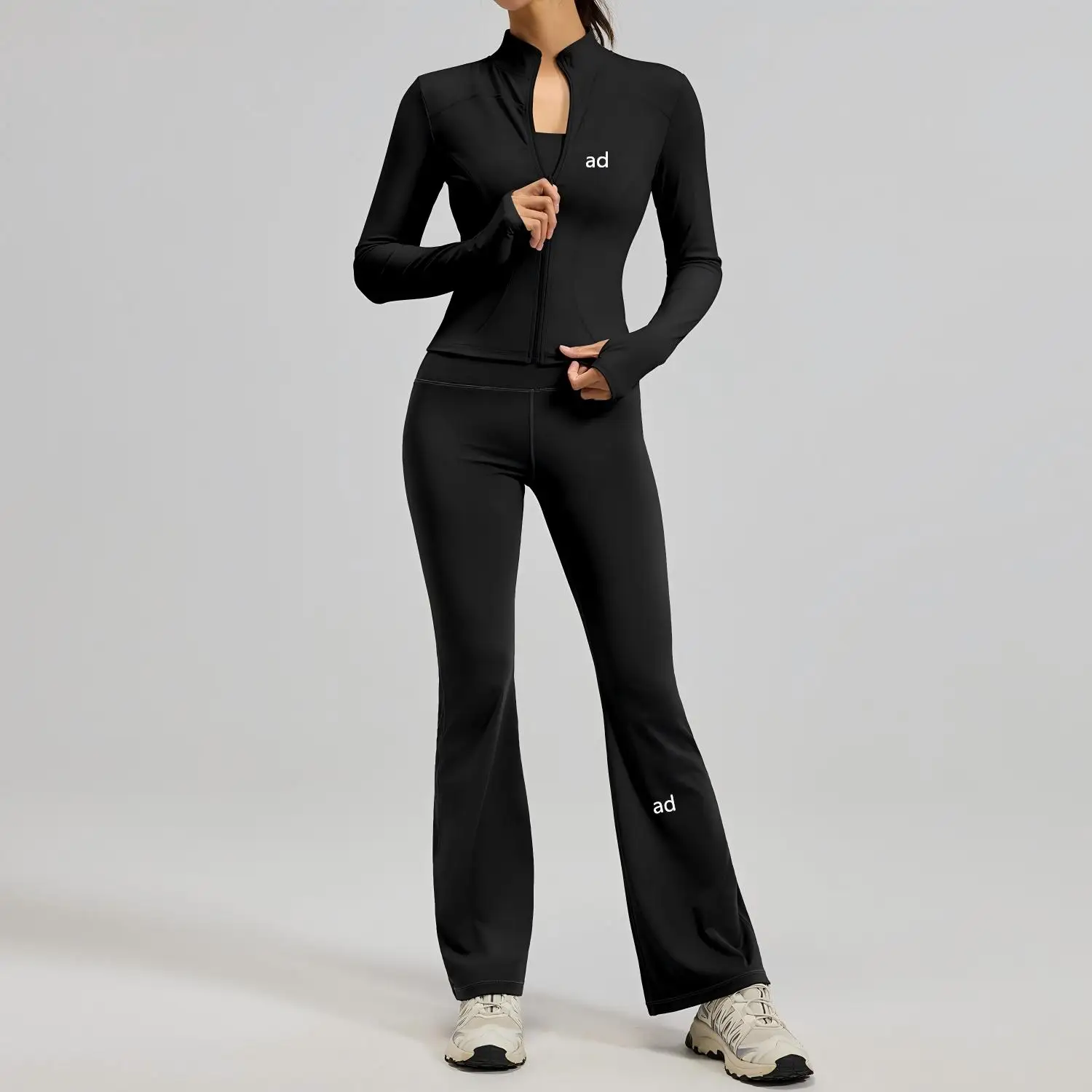 Long sleeved micro flared pants, Maillard color yoga suit, nude feeling, slimming, running, slimming, sports and fitness suit fo