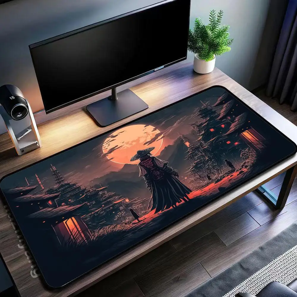 

Japanese Samurai Large Mouse Pad, Red Black Ink Art Gaming Desk Mat, Anti-slip Rubber Keyboard Pad with Lock Edge