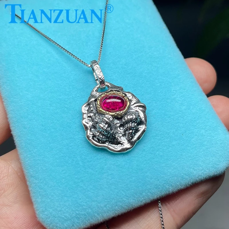 Retro Simulation Ruby Pendant S925 Silver Vintage Thai Silver Conch Necklace For Women Pendant Jewelry Gift