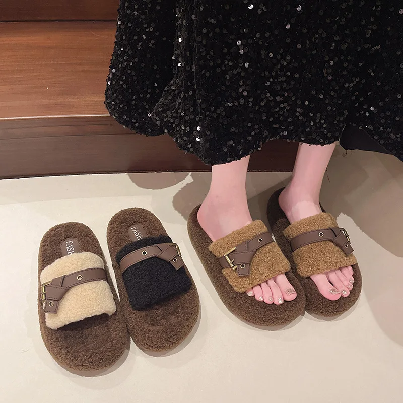 2024 New Thick Sole Woolly Slippers Female Autumn and Winter Wear Comfortable Slippers Senior Sense Belt Buckle Shoes Female