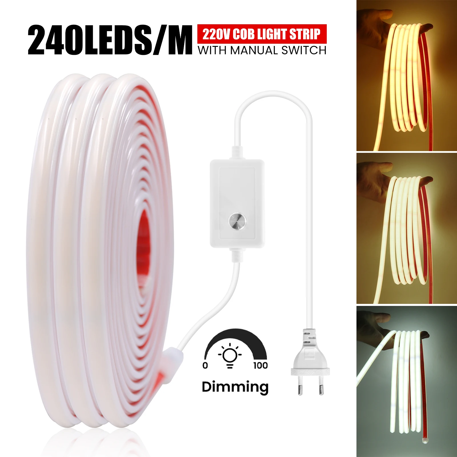 

230V Dimmable COB Light Strip Adhesive LED Tape Diode Lamp IP65 Waterproof Flexible Ribbon RA90 High Brightness Linear Lighting