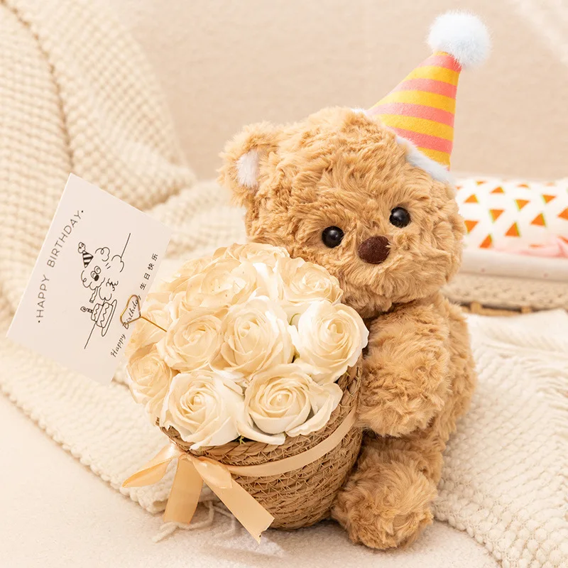 

Cute Flower Basket Bear Plush Toy Valentine Qixi Rose Bouquet Teddy Bear Holding Flowers Kawaii Home Bed Decoration Gift