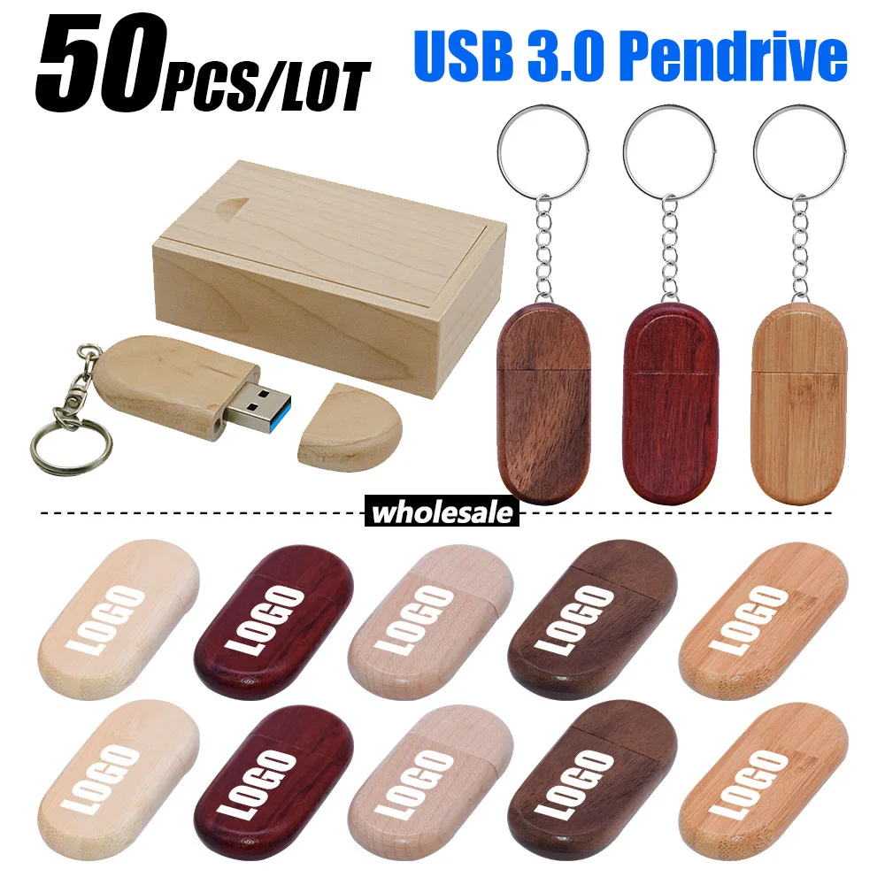 50PCS/Lot Wooden pendrive with Key Chain 3.0 USB Flash Drive 8GB 16G 32GB memoria usb 64GB 128GB High speed Wedding Memory Gift