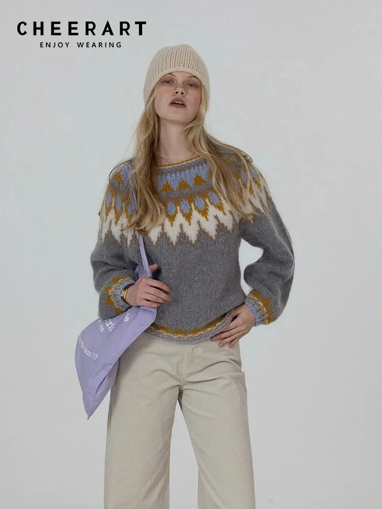 

CHEERART Fair Isle пуловеры для женщин, свитер для женщин, зимние трикотажные изделия 2025 года, модный трикотаж с длинными рукавами, милый вязаный топ, осенняя одежда