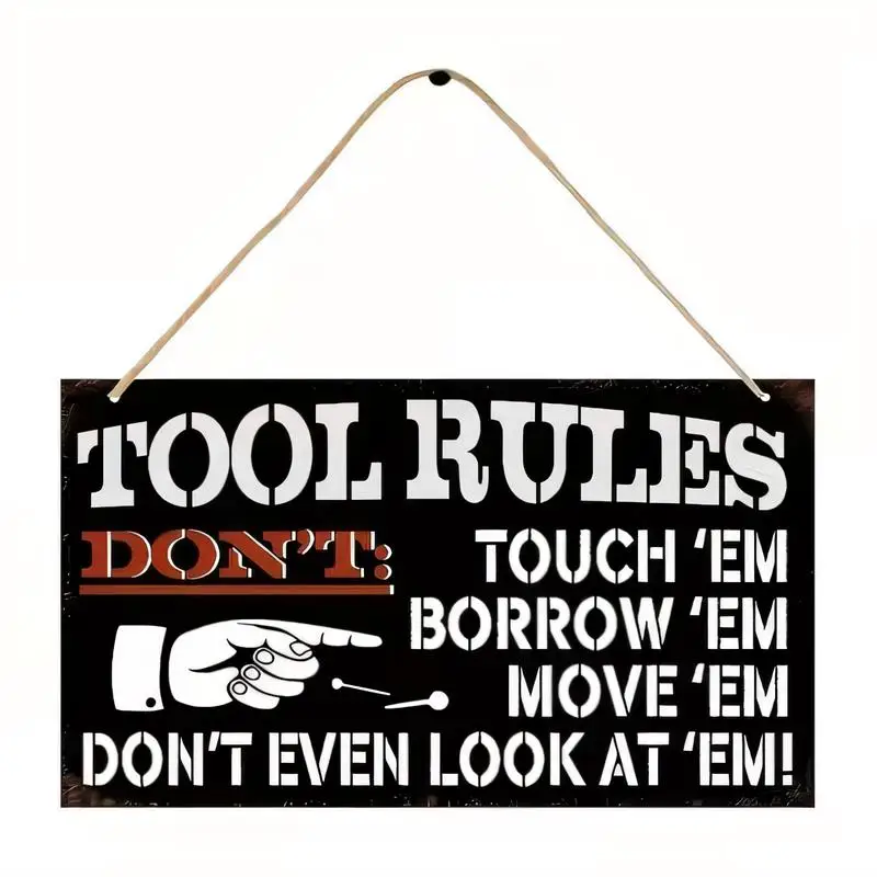 Tool Rules Humorous Metal Sign - Black Retro Wall Art with Finger Graphic, Iron Decor for Garage/Workshop/Man Cave, Funny Prohib