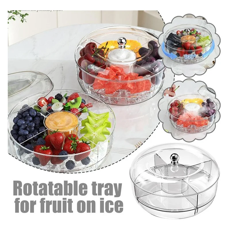 

A74E-Chilled Veggie Fruit Tray Platter Divided Rotating Serving Tray With Lid Snack Vegetable Tray Chip And Dip Serving Set