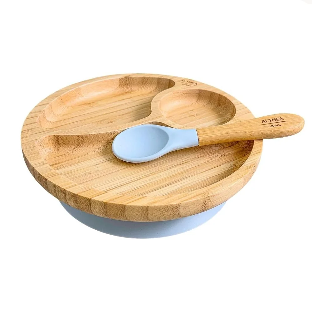 Vajilla de bambú para bebé con ventosa, Set de 2: plato dividido y cuchara de silicona - Althea Living