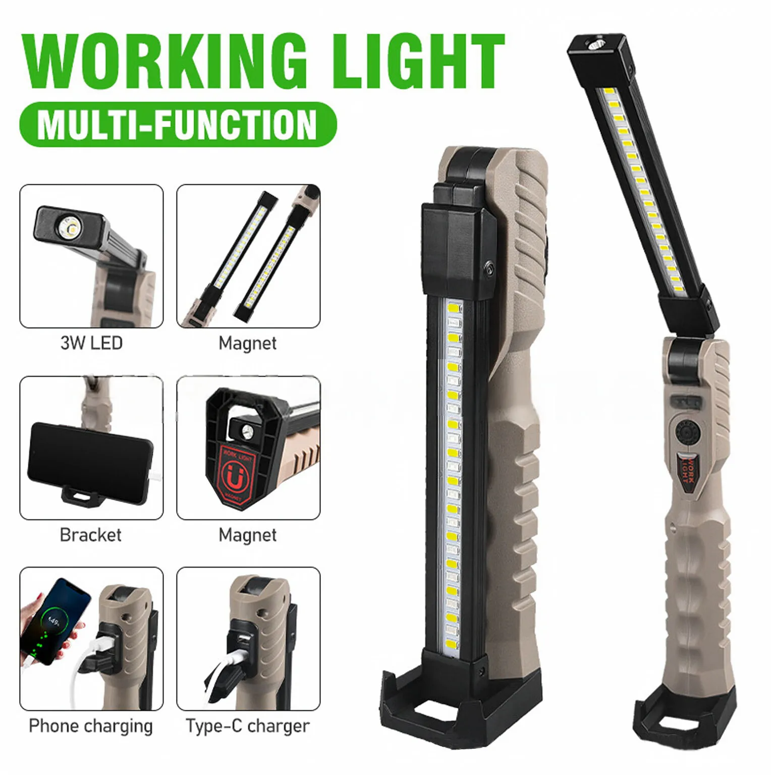 Fold Working Light Portable LED Flashlight Strong Magnet USB Charging Emergency Repair Camping Light With Hook Phone Bracket