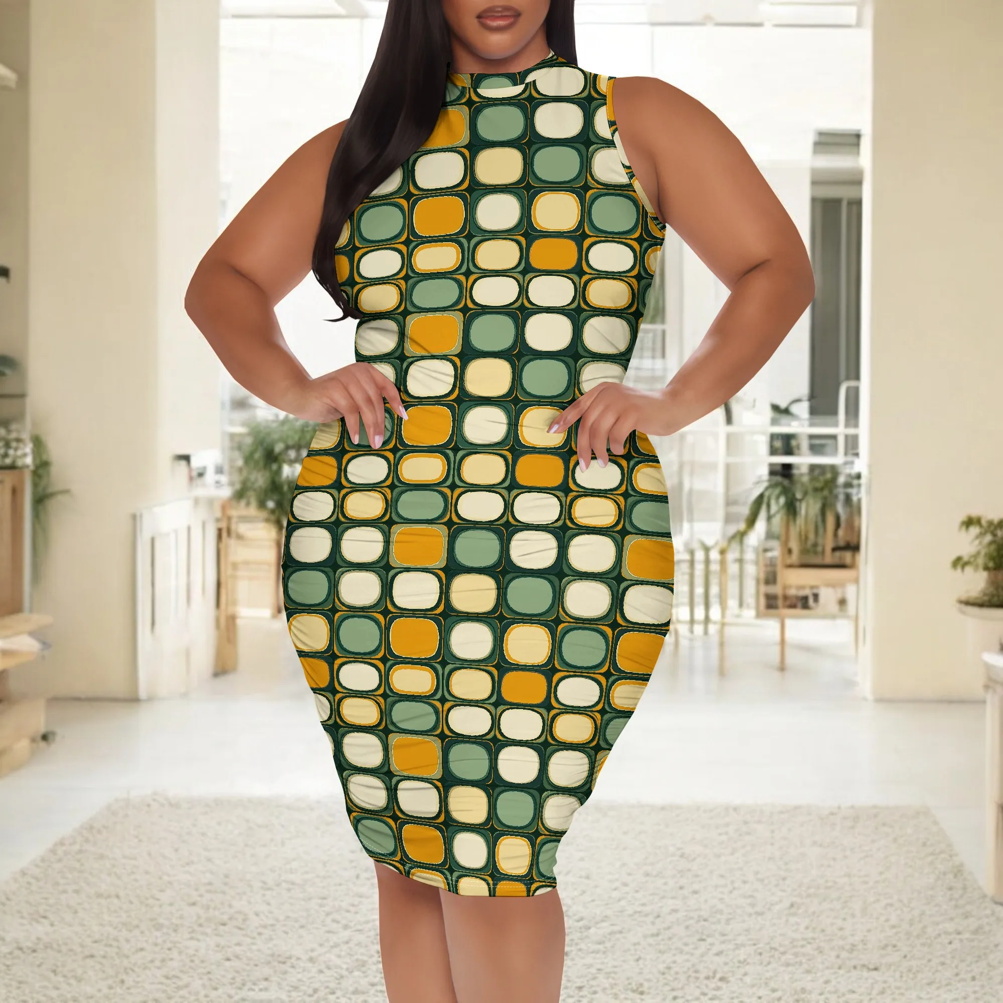 Plus Size Retro Grid Print Bodycon Dress XL-6XL Vintage Sleeveless Summer Party Dress for Women 2025