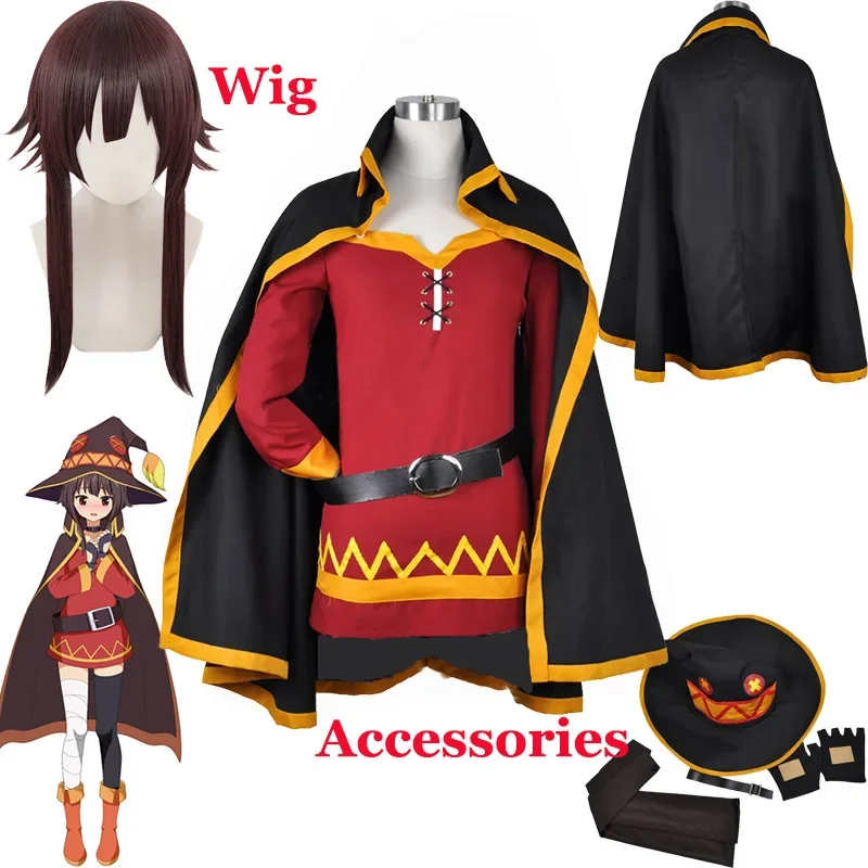 

Косплей парик konosuba megumin на Хэллоуин, накидка, Униформа, полный комплект одежды, благословение Бога