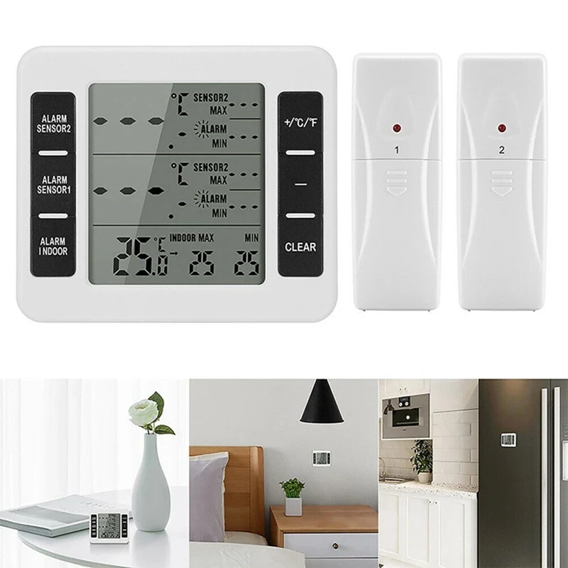 1Set Wireless Freezer Thermometer 2 Remote Sensors Alarm Low Temperature Refrigerator Thermometer Clock-A82Z