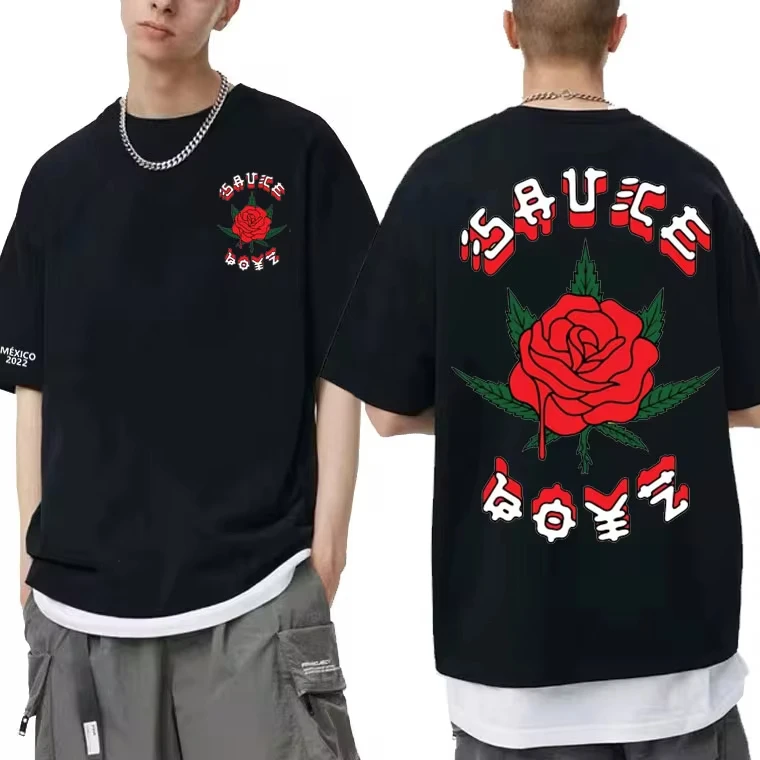 

Streetwear Eladio Carrion T-Shirt Rose Flower Tees Men Women Sauce Boyz Music Album Oversized Casual top Hip Hop unisex Harajuku