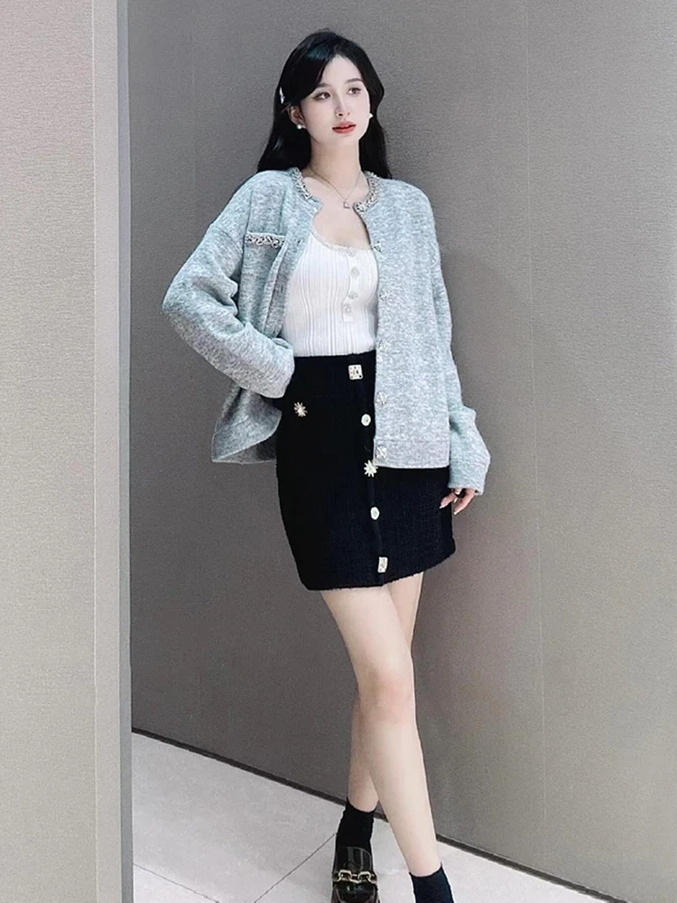 Hochwertiger, gestrickter, mit Diamanten bestickter, offener Cardigan für Damen, Herbst-Design-Sensation, handgefertigte Luxus-Faion-Oberbekleidung