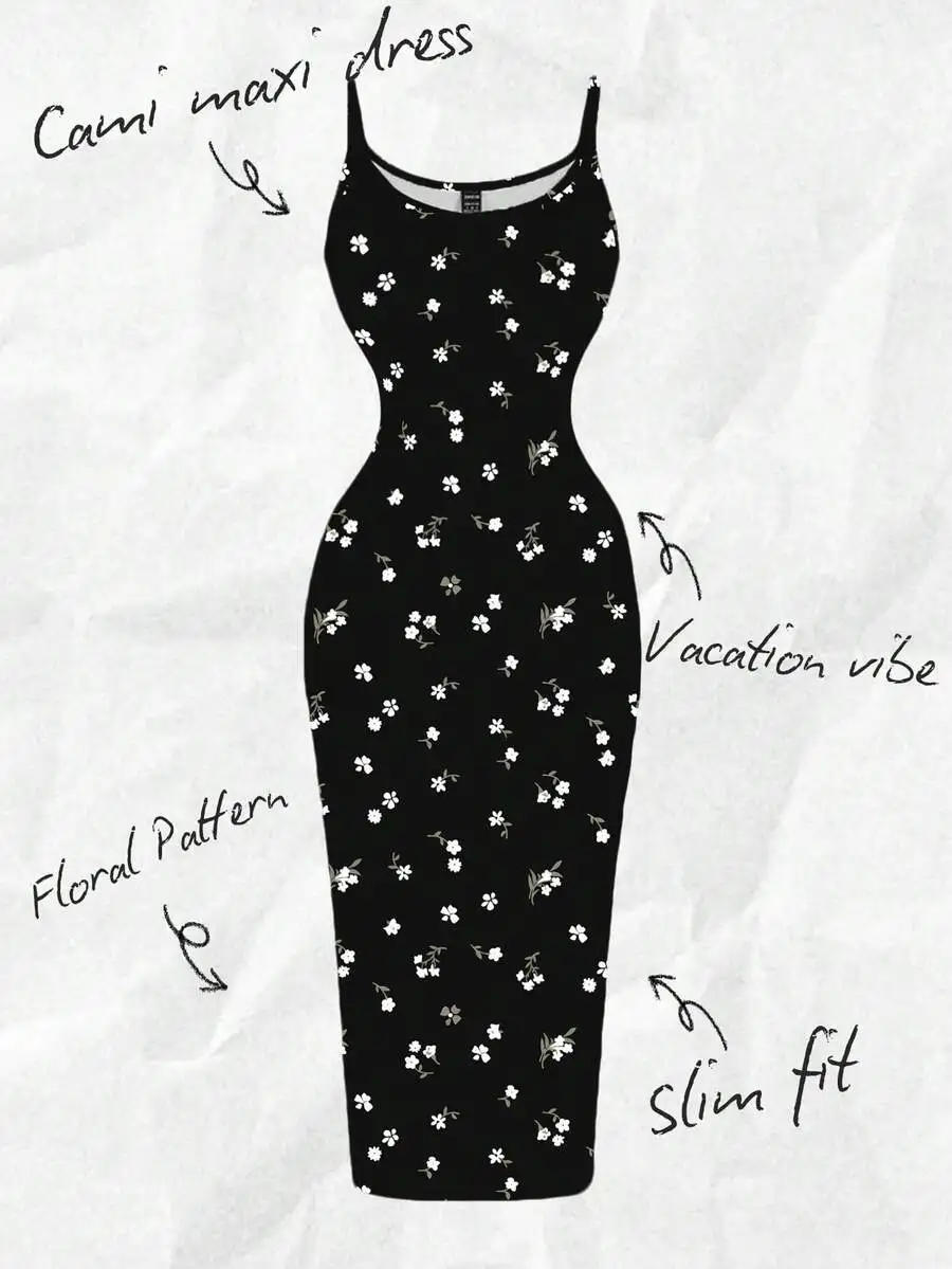

Black Floral Print Cami Maxi Dress Slim Fit Vacation Style