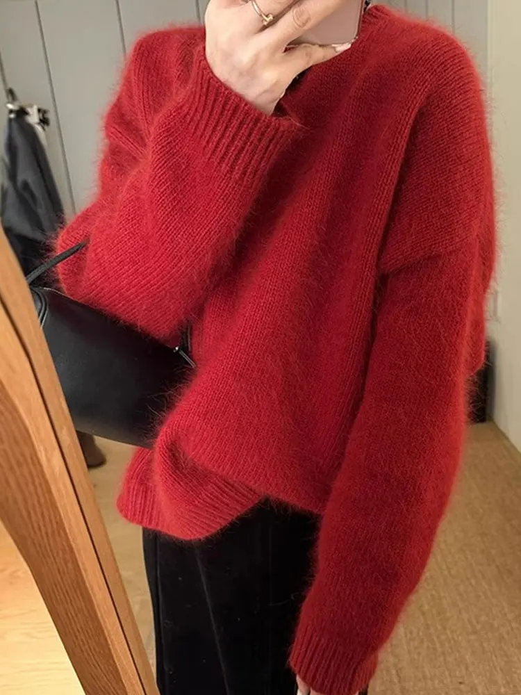 

Soft Cohesive Lazy Sle round Ne Pullover Knitted SweaterWomen's Extraordinary Unique Long Sve Pure Faion Red Sweater