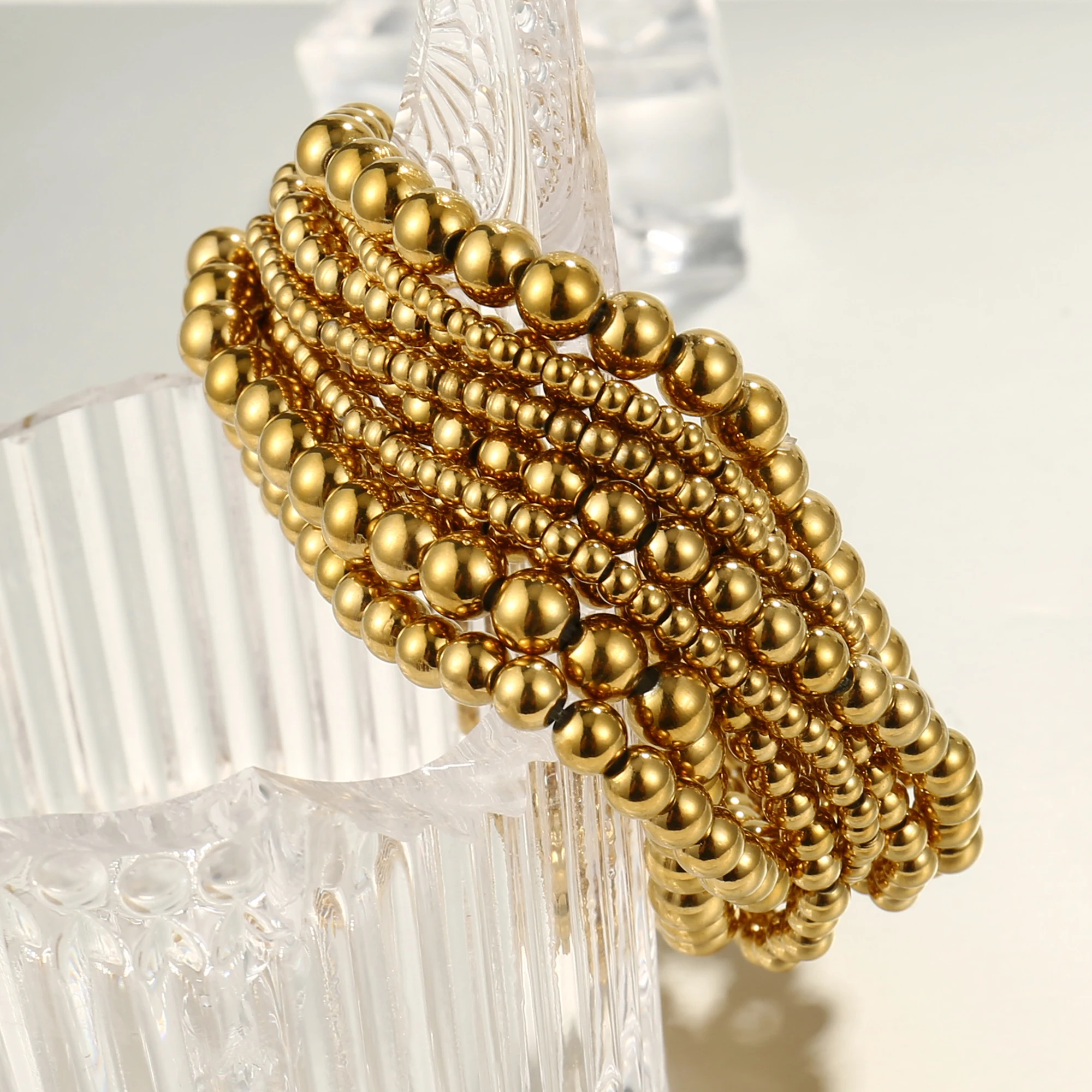 Badu Stainless Steel Gold Color Beaded Bracelet for Women Men 3/4/5/6 MM Ball Beads Stack Stretch Bracelet Waterproof Jewelry