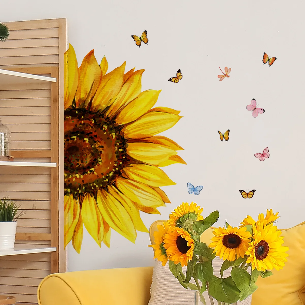 Fresh Sunflower & Butterfly Wall Decals - Removable Botanical Stickers for Cheerful Home & Shop Decor
