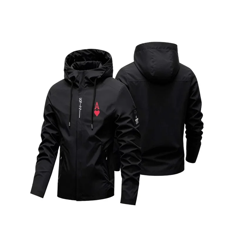 Men Ace Heart A Print Hooded Jacket  Windproof Outdoor Windbreaker  Casual Zip Up Coat for Hiking Daily Travel