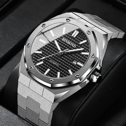 Royal Casual Men Watches Big Dial Silver Stainless Steel Calendar Quartz Wristwatch Classic Top Brand BINBOND B0233 Male Clock