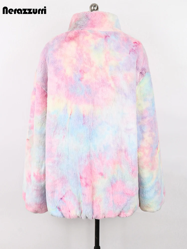 Nerazzurri Winter Colorful Casual Loose Thick Warm Faux Fur Coat Women Long Sleeve Stand Collar Zip Up Tie Dye Fluffy Jacket