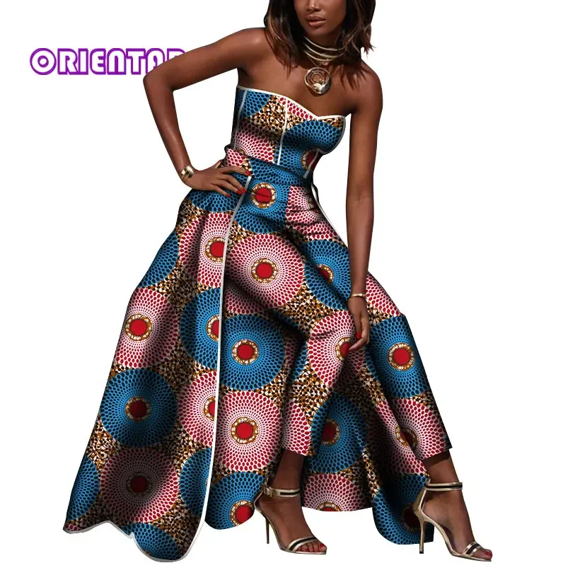 Fashion African Clothes for Women Off Shoulder Jumpsuits with Tail Bazin Riche Print Pants Lady Long Rompers Party WY8030