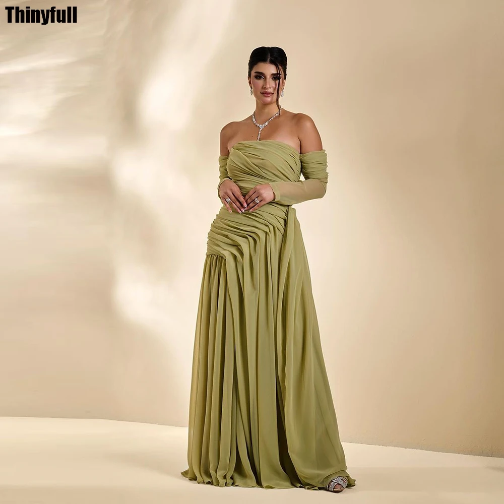 Thinyfull Chiffon A-line Prom Dresses Strapless Long Sleeves Off Shoulder Evening Party Dress Formal Occasion Gown Robe De Soiré