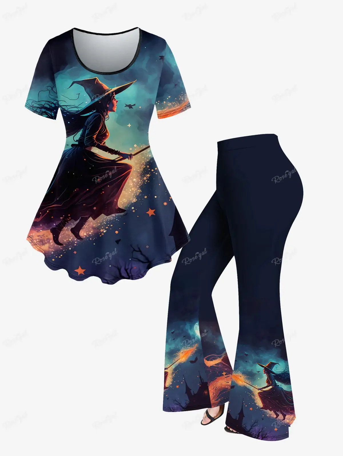 Plus Size Outfit Witch Eagle Cat Printed T-shirt Or Flare Pants Short Sleeves Halloween Tops Trousers Casual Women\'s Suits