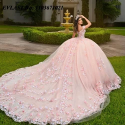 EVLAST Customized Mexican Pink Quinceanera Dress Ball Gown Butterfly Applique Beading Corset Sweet 16 Vestidos De XV Anos SQ341