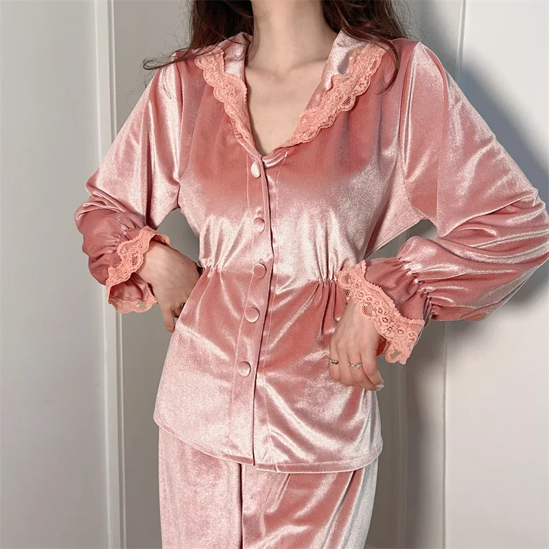 Lapel Sleeepwear With Buttons Sexy Button-down Pajamas Pour Femme Nightgown Velour 2PCS Shirt&Pants Suit Casual Home Clothes