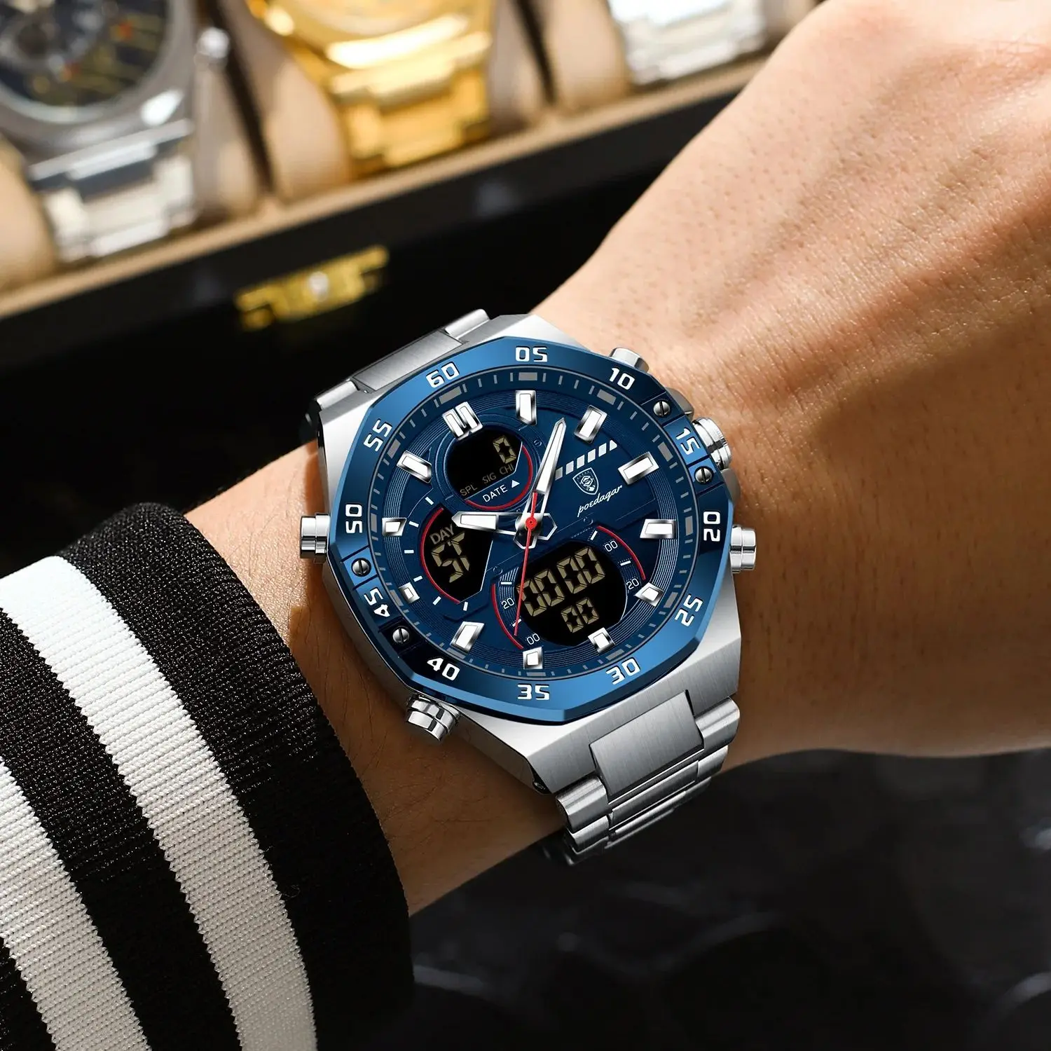 POEDAGAR ساعة يد رياضية أصلية للرجال تاريخ الأسبوع مقاومة للماء LED كوارتز ساعة رجالية من الفولاذ المقاوم للصدأ ساعات رقمية عسكرية للرجال